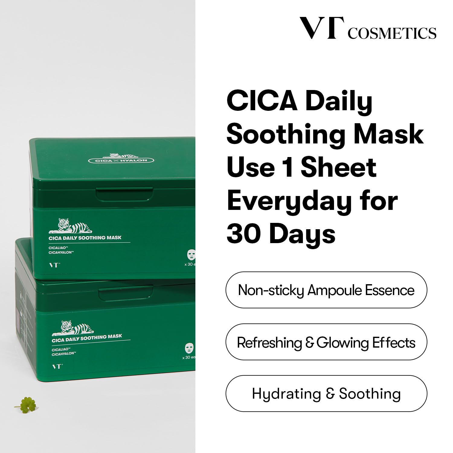 VT COSMETICS Daily Soothing Mask 30ea, Facial Sheet Mask for Moist & Hydrating, 30 Day Supply, Cica Face Mask